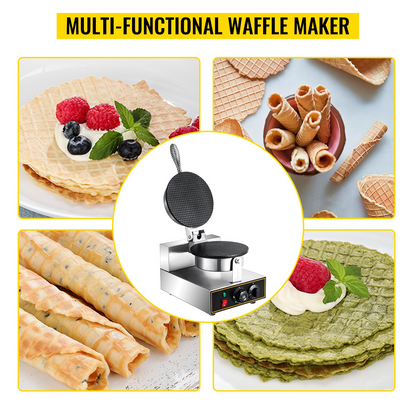 VEVOR Electric Ice Cream Cone Maker 1200W Commercial Waffle Cone Machine, 110V Stainless Steel Egg Cone Baker w/ Non-Stick Teflon Coating, Temp & Time Control for Restaurant Bakeries