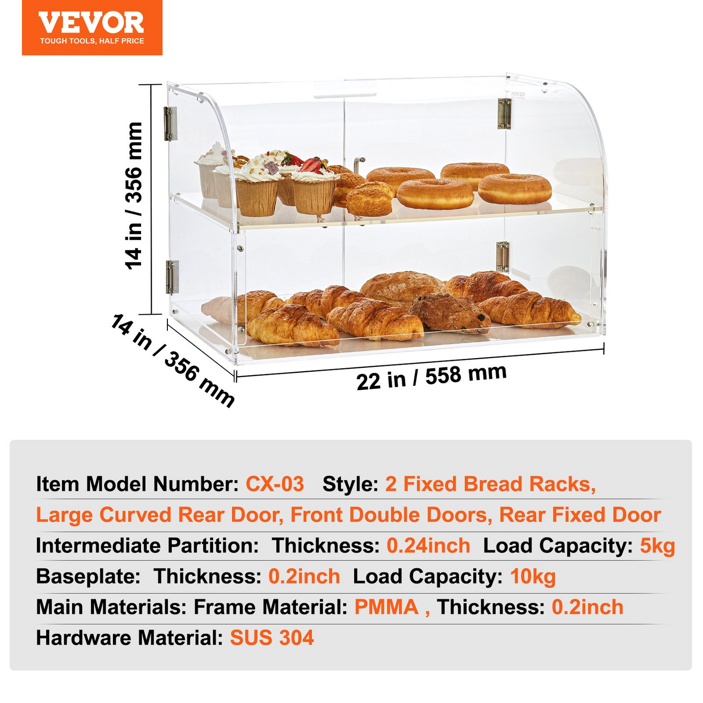 VEVOR Pastry Display Case, 2-Tier Commercial Countertop Bakery Display Case, Acrylic Display Box with Rear Door Access & Removable Shelves, Keep Fresh for Donut Bagels Cake Cookie, 22"x14"x14"