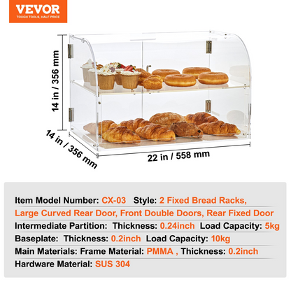 VEVOR Pastry Display Case, 2-Tier Commercial Countertop Bakery Display Case, Acrylic Display Box with Rear Door Access & Removable Shelves, Keep Fresh for Donut Bagels Cake Cookie, 22"x14"x14"