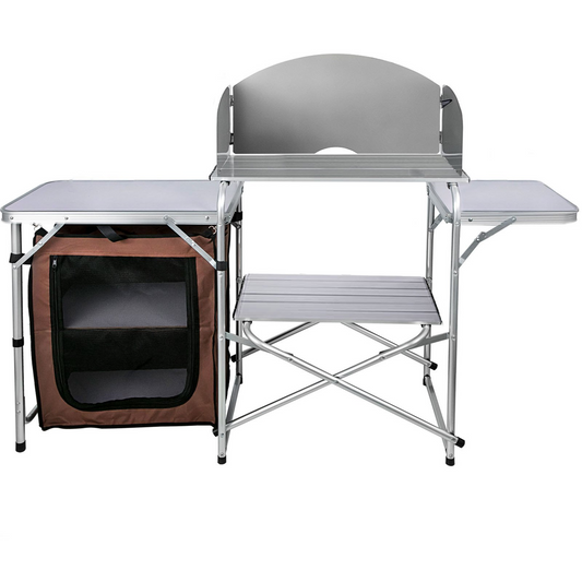 Camping Kitchen Table Picnic Cabinet Folding Cooking Storage Rack Portable Brown