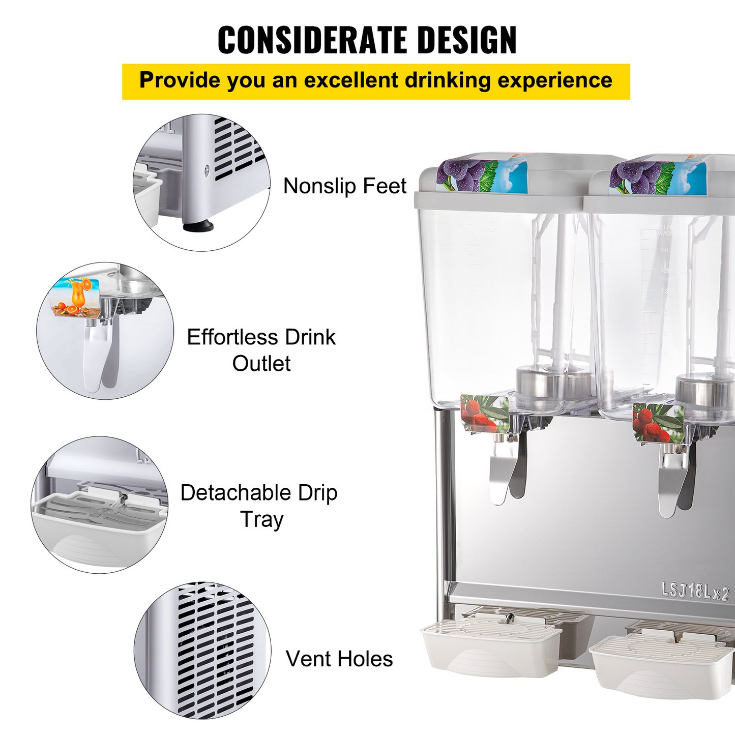 VEVOR 110V Commercial Beverage Dispenser,9.5 Gallon 36L 2 Tanks Juice Dispenser Commercial,18 Liter Per Tank 300W Stainless Steel Food Grade Material Ice Tea Drink Dispenser Equipped with Thermostat Controller