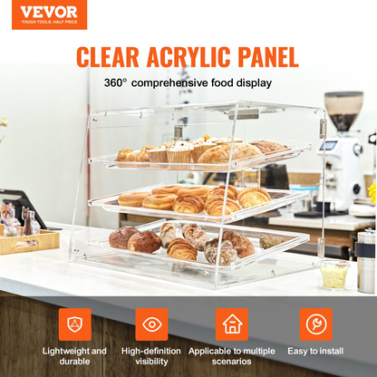 VEVOR Pastry Display Case, 3-Tier Commercial Countertop Bakery Display Case, Acrylic Display Box with Rear Door Access & Removable Shelves, Keep Fresh for Donut Bagels Cake Cookie, 20.7"x14.2"x16.3"