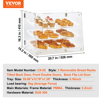 VEVOR Pastry Display Case, 3-Tier Commercial Countertop Bakery Display Case, Acrylic Display Box with Rear Door Access & Removable Shelves, Keep Fresh for Donut Bagels Cake Cookie, 20.7"x14.2"x16.3"