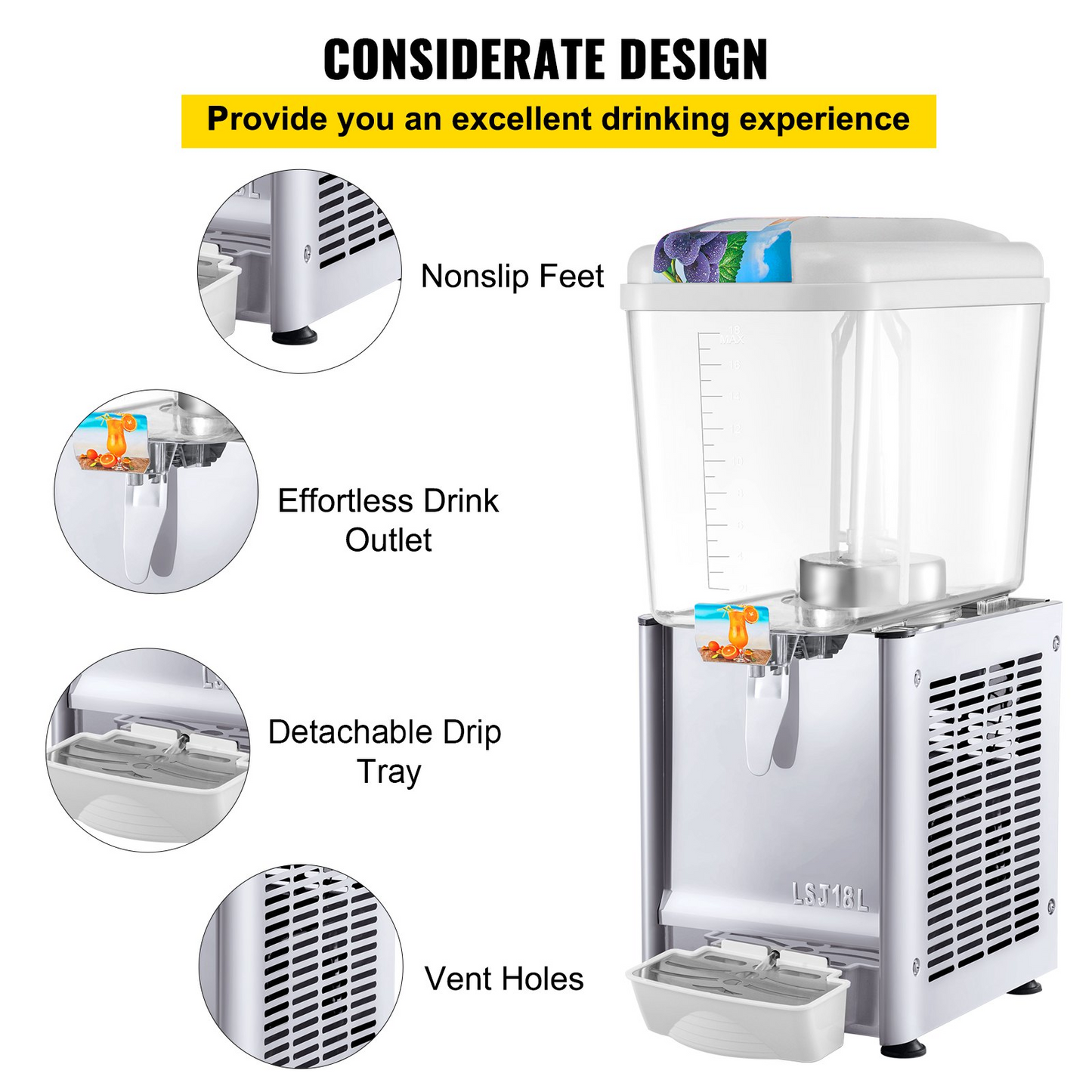 VEVOR Commercial Beverage Dispenser, 4.8 Gallon 1 Tank Cold Beverage Dispenser, 200W Food Grade Material Stainless Steel Commercial Juice Dispenser With Thermostat Controller for Cold Drink