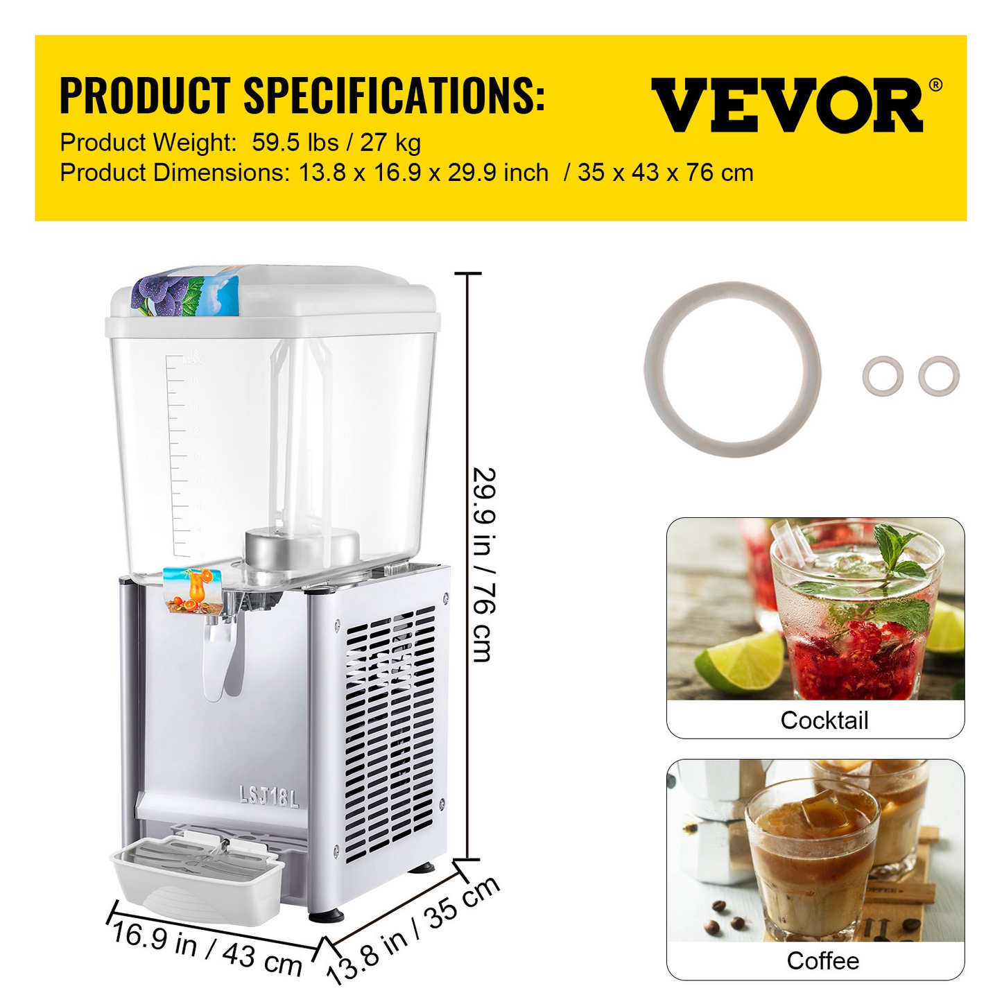 VEVOR Commercial Beverage Dispenser, 4.8 Gallon 1 Tank Cold Beverage Dispenser, 200W Food Grade Material Stainless Steel Commercial Juice Dispenser With Thermostat Controller for Cold Drink