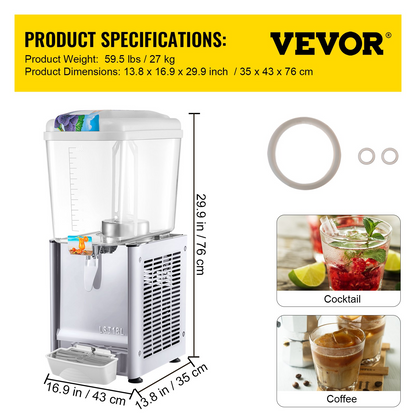 VEVOR Commercial Beverage Dispenser, 4.8 Gallon 1 Tank Cold Beverage Dispenser, 200W Food Grade Material Stainless Steel Commercial Juice Dispenser With Thermostat Controller for Cold Drink