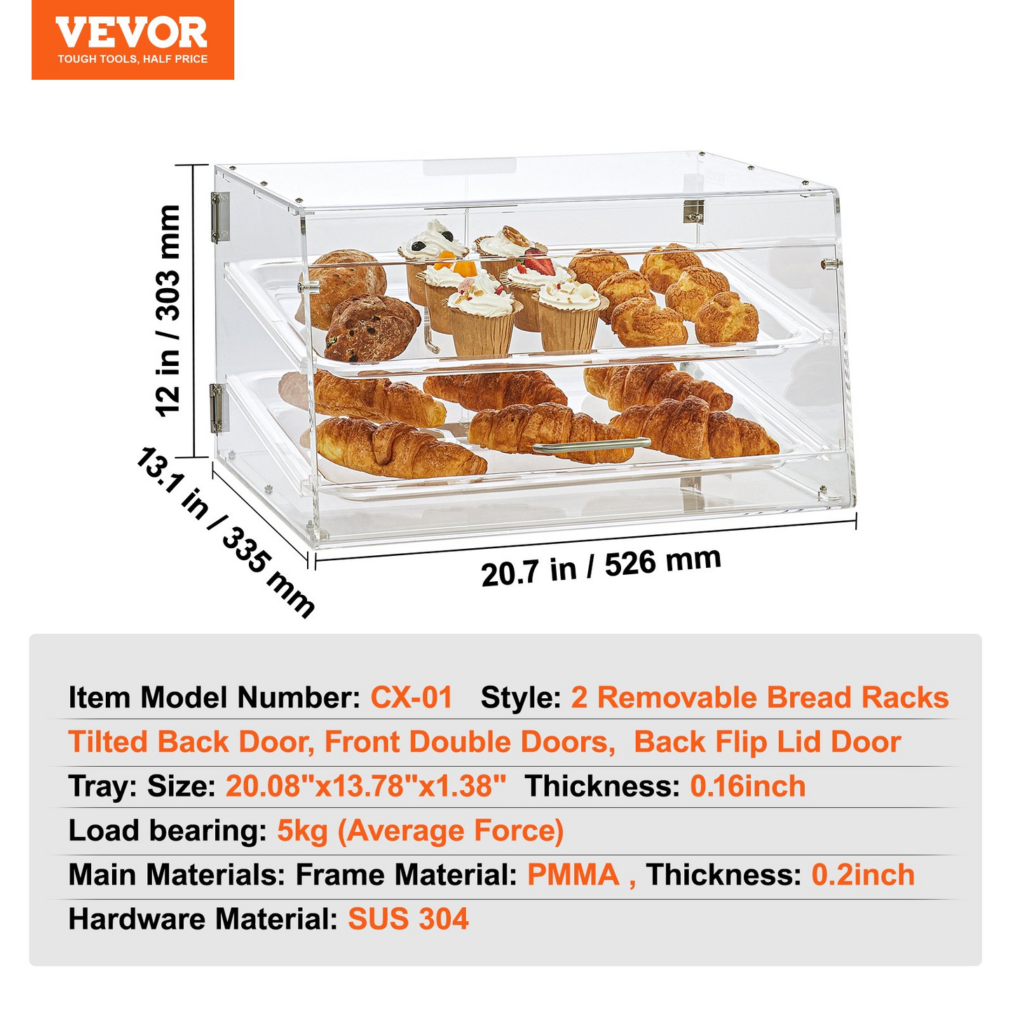 VEVOR Pastry Display Case, 2-Tier Commercial Countertop Bakery Display Case, Acrylic Display Box with Rear Door Access & Removable Shelves, Keep Fresh for Donut Bagels Cake Cookie, 20.7"x13.2"x11.9"