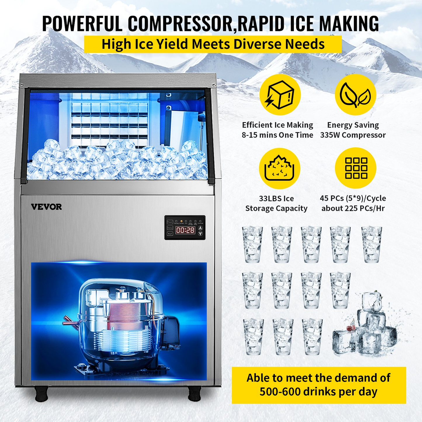 VEVOR 110V Commercial Ice Maker 80LBS/24H with 24lbs Storage Capacity Stainless Steel Commercial Ice Machine 40 Ice Cubes Per Plate Industrial Ice Maker Machine Auto Clean for Bar Home Supermarkets