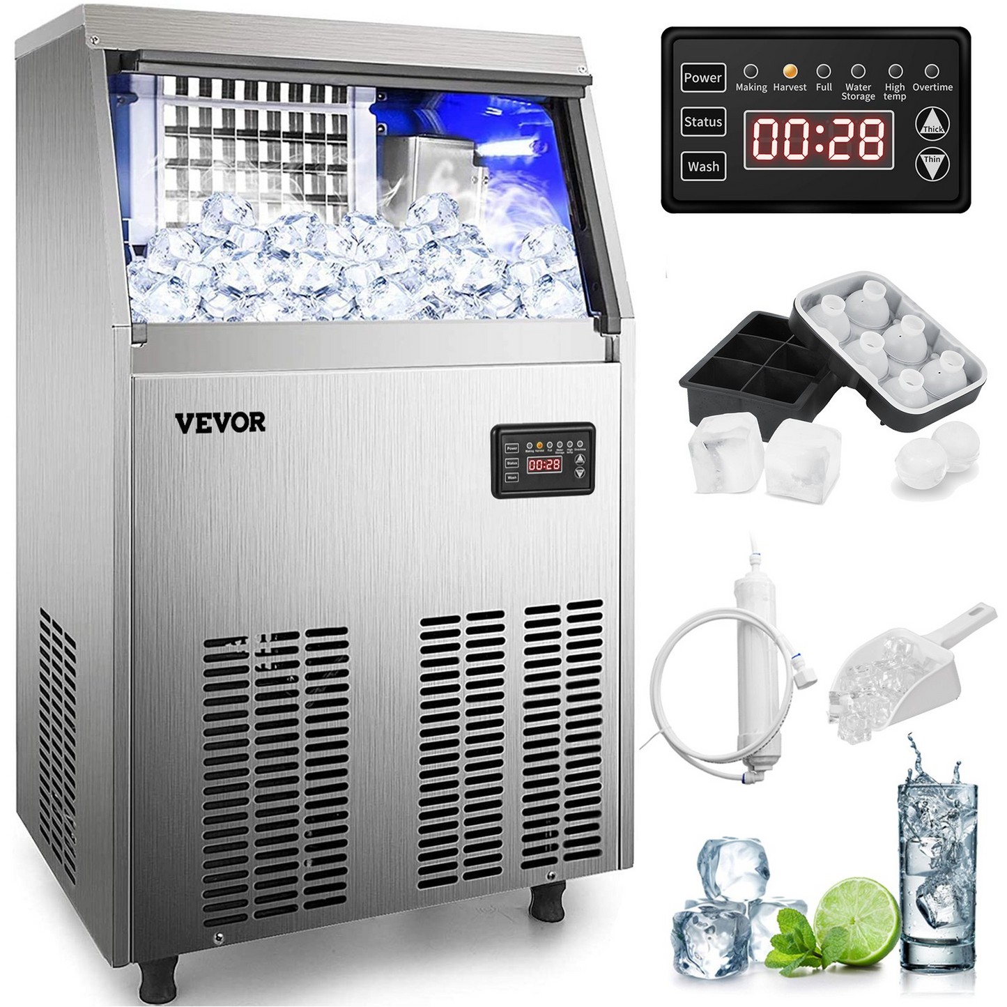 VEVOR 110V Commercial Ice Maker 80LBS/24H with 24lbs Storage Capacity Stainless Steel Commercial Ice Machine 40 Ice Cubes Per Plate Industrial Ice Maker Machine Auto Clean for Bar Home Supermarkets