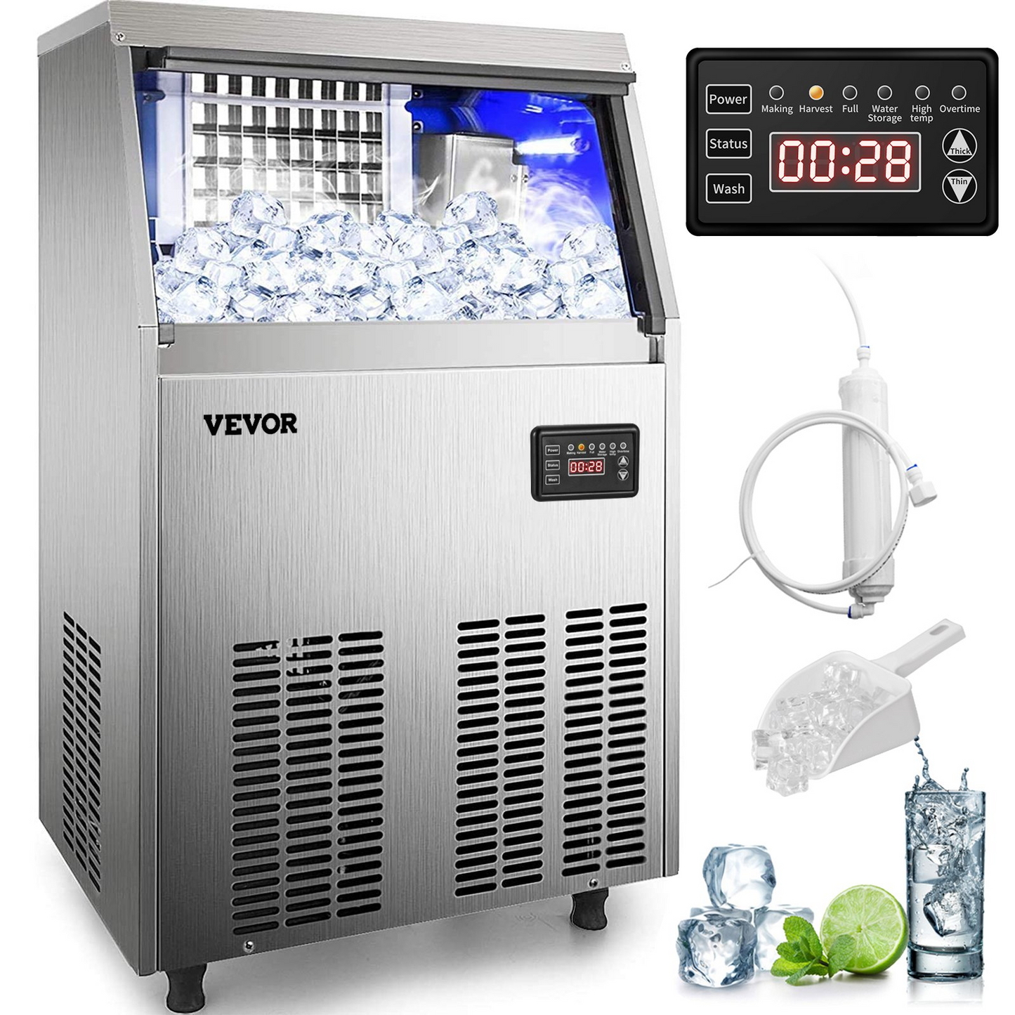 VEVOR 110V Commercial Ice Maker Machine 90LBS/24H with 24LBS Bin, Stainless Steel Automatic Operation Under Counter Ice Machine for Home Bar, Include Water Filter, Scoop, Connection Hose