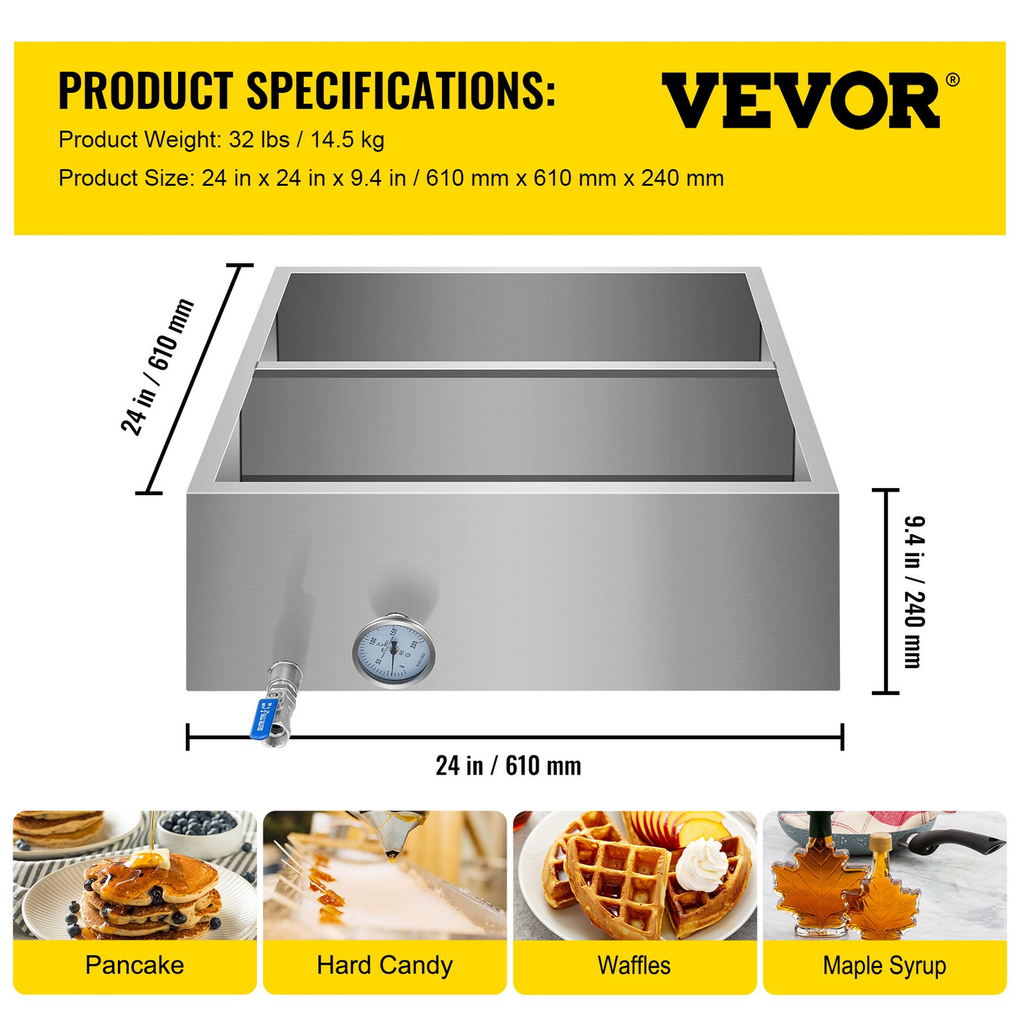 2'x2' Flow Divided Maple Syrup Pan w/Valve, Therm, Plugs. Evaporator