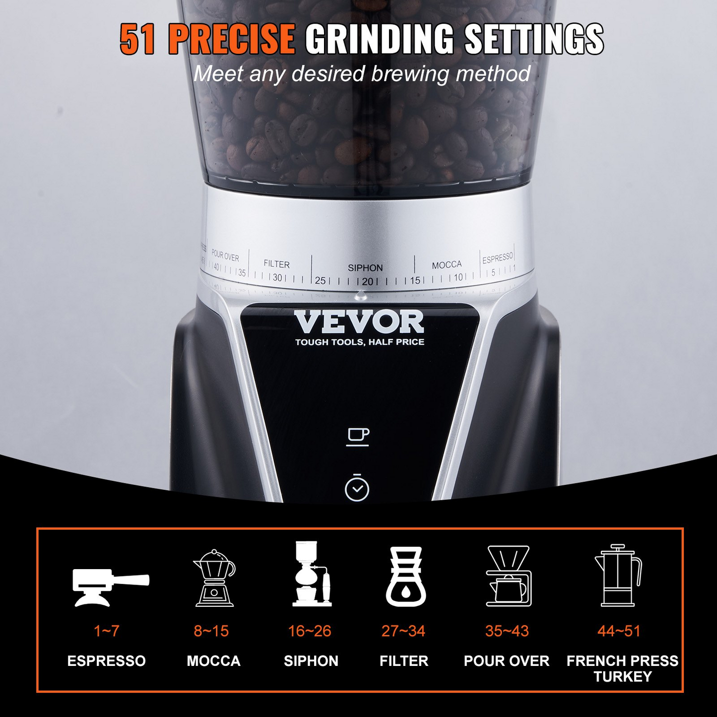 VEVOR Conical Burr Grinder, Electric Adjustable Burr Mill with 51 Precise Grind Setting, 9.7-Ounce 13 Cups Coffee Bean Grinder, Perfect for Drip, Mocha, Hand Brew, French Press, Espresso, Silver