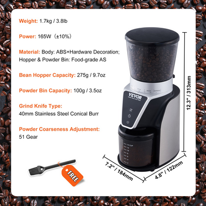 VEVOR Conical Burr Grinder, Electric Adjustable Burr Mill with 51 Precise Grind Setting, 9.7-Ounce 13 Cups Coffee Bean Grinder, Perfect for Drip, Mocha, Hand Brew, French Press, Espresso, Silver