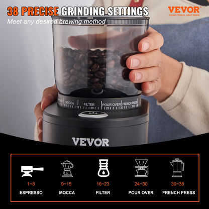 VEVOR Coffee Grinder with 38 Precise Conical Burr Coffee Grinder 5.3-Ounce 20 Cups Coffee Bean Grinder Perfect for Drip, Espresso