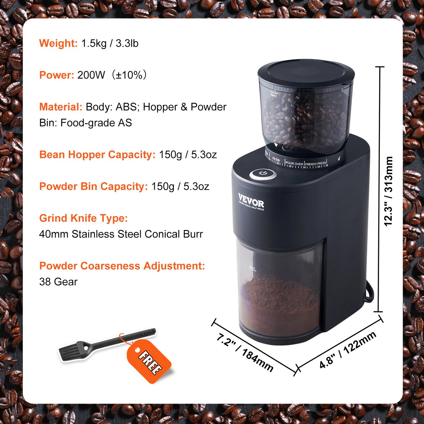 VEVOR Coffee Grinder with 38 Precise Conical Burr Coffee Grinder 5.3-Ounce 20 Cups Coffee Bean Grinder Perfect for Drip, Espresso