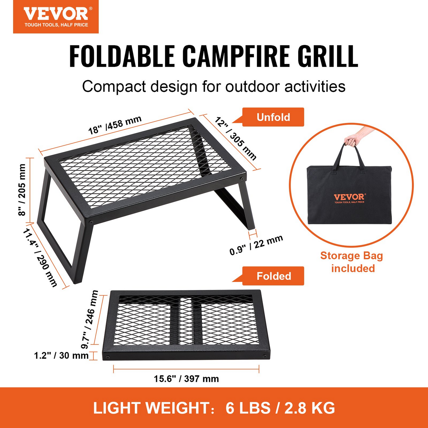 VEVOR Folding Campfire Grill, Heavy Duty Steel Mesh Grate, 18" Portable Camping Grates Over Fire Pit, Camp Fire Cooking Equipment with Legs Carrying Bag, Grilling Rack for Outdoor Open Flame Cooking