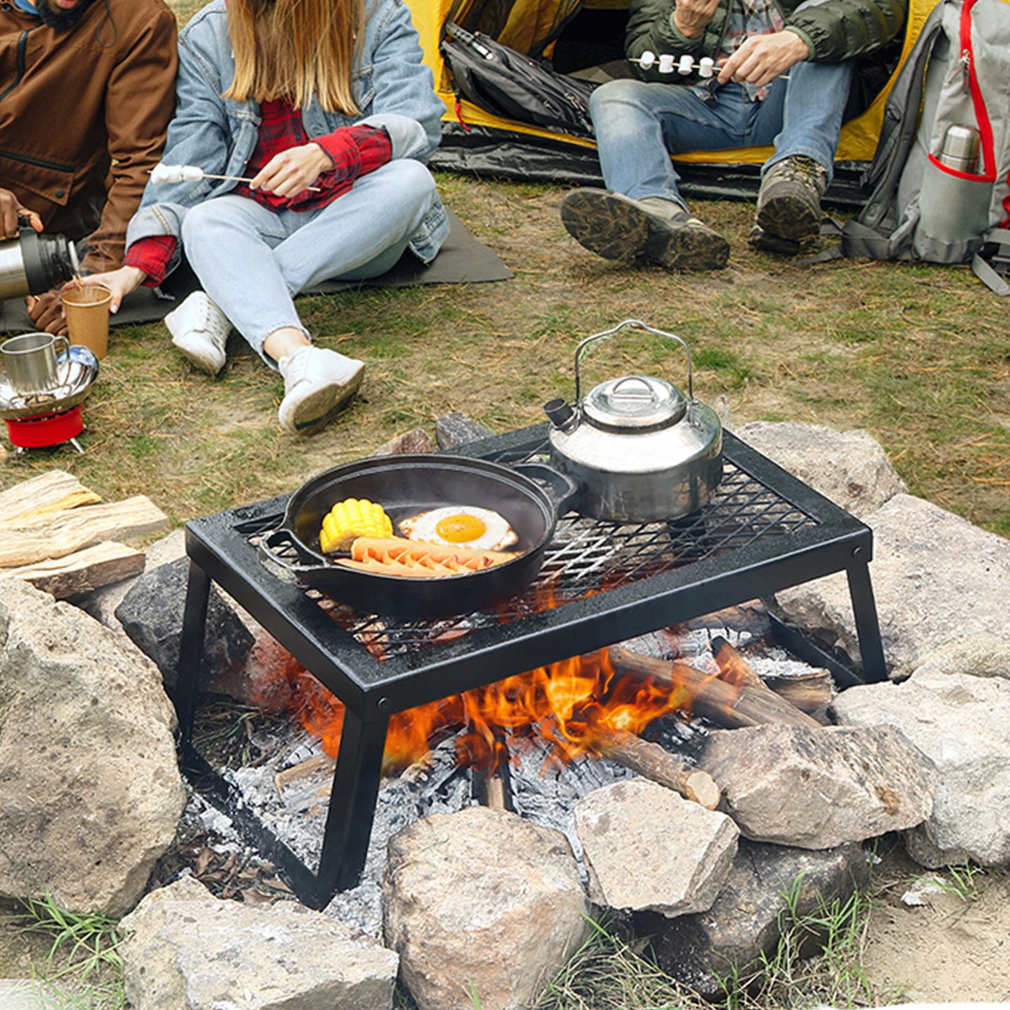 VEVOR Folding Campfire Grill, Heavy Duty Steel Mesh Grate, 18" Portable Camping Grates Over Fire Pit, Camp Fire Cooking Equipment with Legs Carrying Bag, Grilling Rack for Outdoor Open Flame Cooking