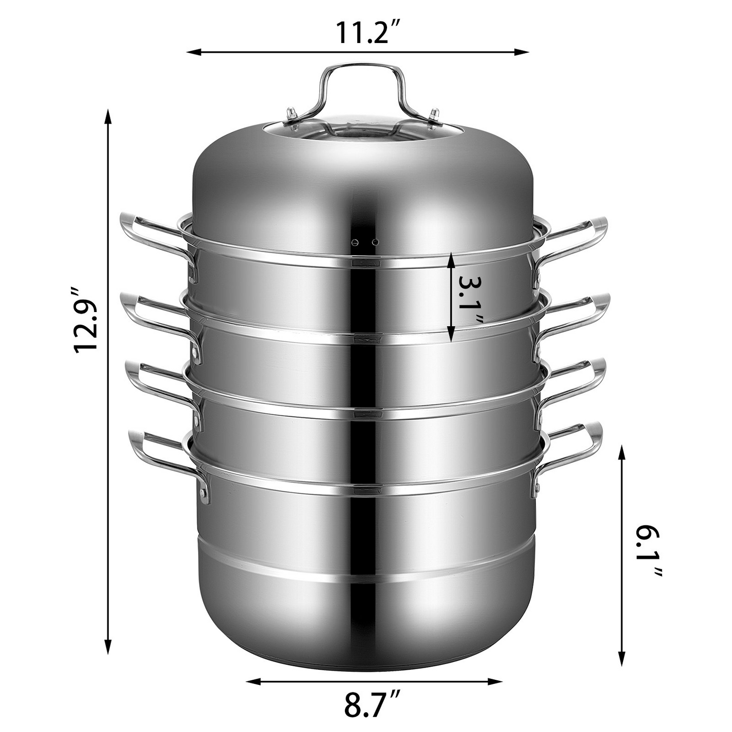 VEVOR 5-Tier Stainless Steel Steamer, 11'' Multi-Layer Cookware Pot with Handles on Both Sides, Work with Gas, Electric, Grill Stove Top, Dia-28cm, Sliver