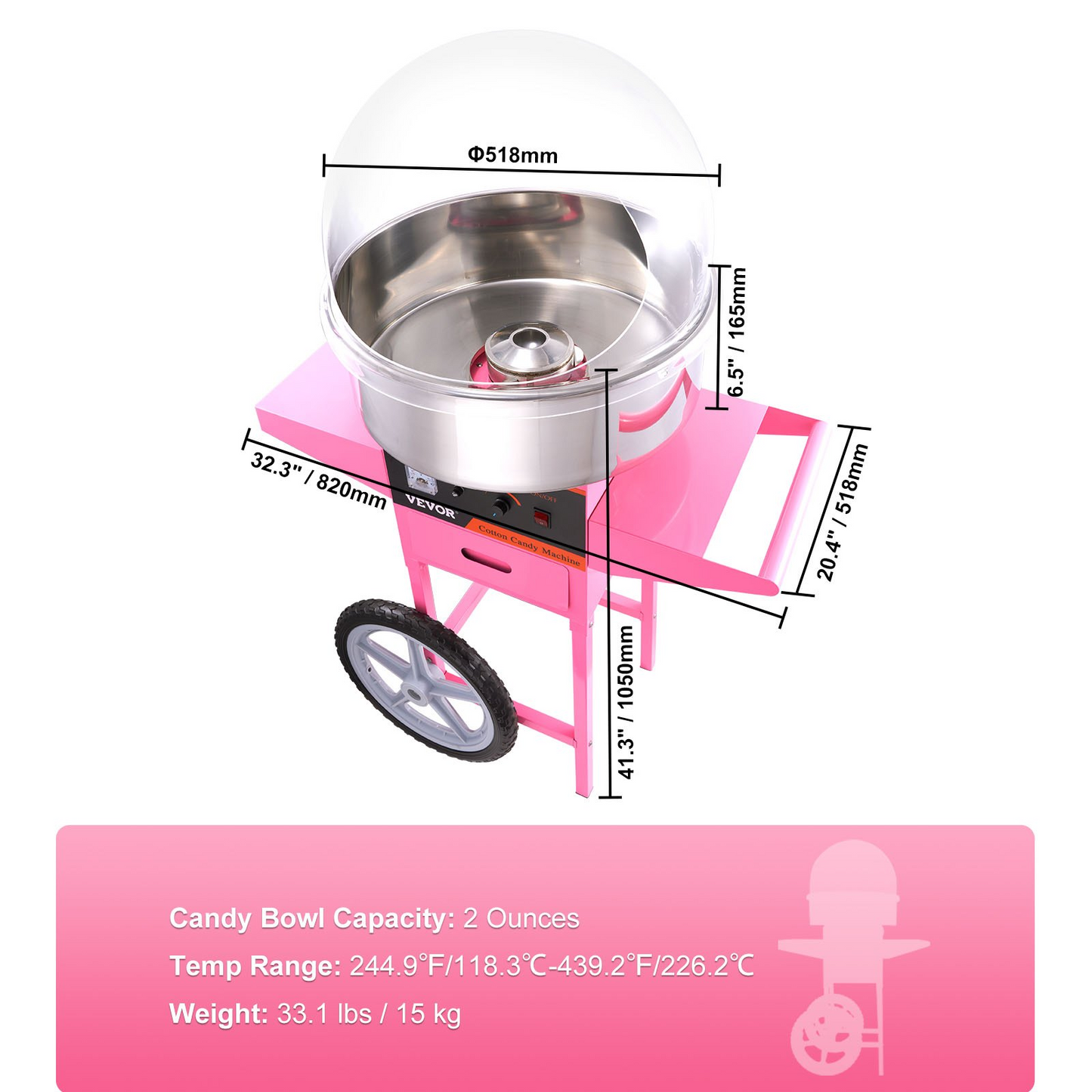 VEVOR Electric Cotton Candy Machine, 1000W Candy Floss Maker, Commercial Cotton Candy Machine with Stainless Steel Bowl, Sugar Scoop, and Cover, Perfect for Home Kids Birthday, Family Party Pink