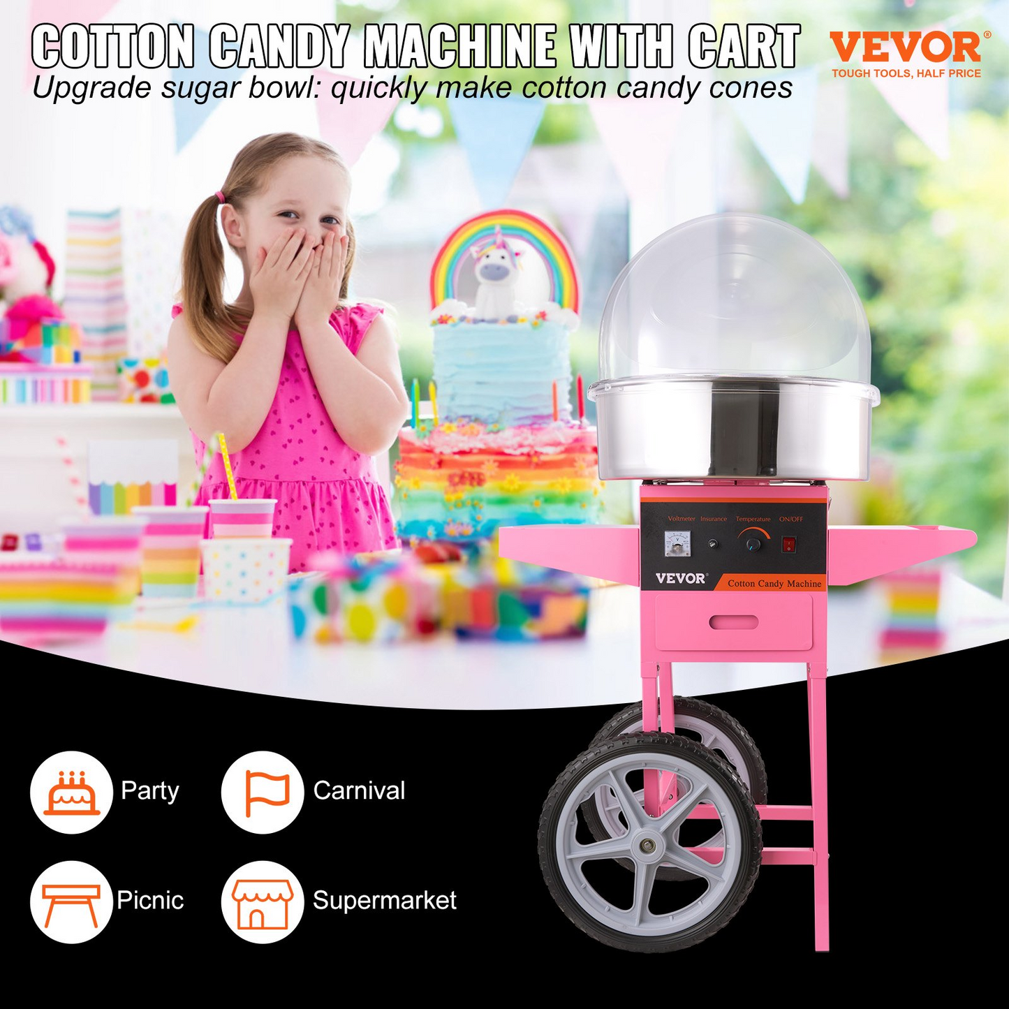 VEVOR Electric Cotton Candy Machine Cart with Bubble Cover Shield, 1000W Commercial Floss Maker with Stainless Steel Bowl, Sugar Scoop and Drawer, Perfect for Home, Kids Birthday, Family Party, Pink