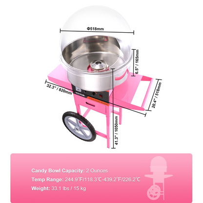 VEVOR Electric Cotton Candy Machine Cart with Bubble Cover Shield, 1000W Commercial Floss Maker with Stainless Steel Bowl, Sugar Scoop and Drawer, Perfect for Home, Kids Birthday, Family Party, Pink