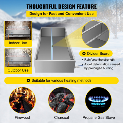 VEVOR Maple Syrup Evaporator Pan 48x24x9.4 Inch Stainless Steel Maple Syrup Boiling Pan with Valve and Thermometer and Divided Pan