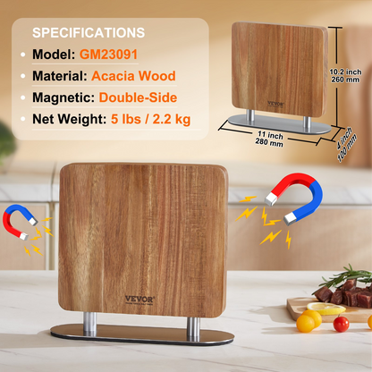 VEVOR Magnetic Knife Block, 10 inch Home Kitchen Knife Holder, Double Sided Magnetic Knife Stand, Multifunctional Storage Acacia Wood Knives Rack, Cutlery Display Organizer for Knives, Utensils, Tools