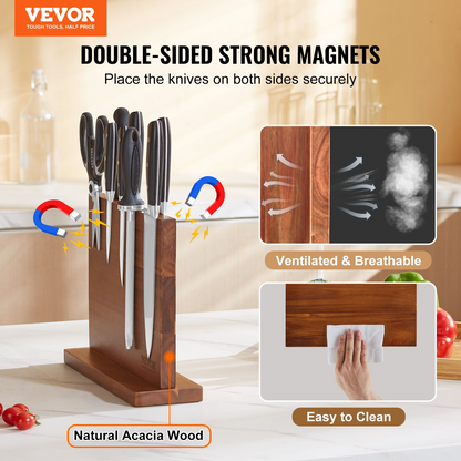 VEVOR Magnetic Knife Block, 12 inch Home Kitchen Knife Holder, Double Sided Magnetic Knife Stand, Multifunctional Storage Acacia Wood Knives Rack, Cutlery Display Organizer for Knives, Utensils, Tools