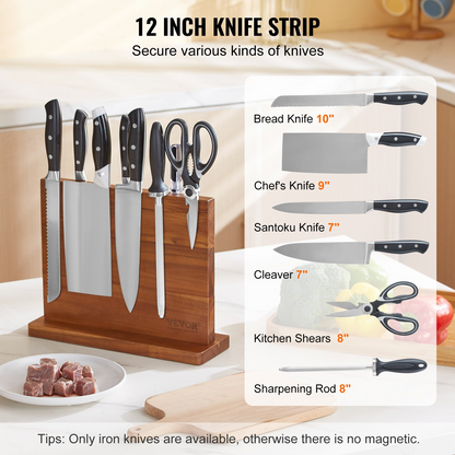 VEVOR Magnetic Knife Block, 12 inch Home Kitchen Knife Holder, Double Sided Magnetic Knife Stand, Multifunctional Storage Acacia Wood Knives Rack, Cutlery Display Organizer for Knives, Utensils, Tools