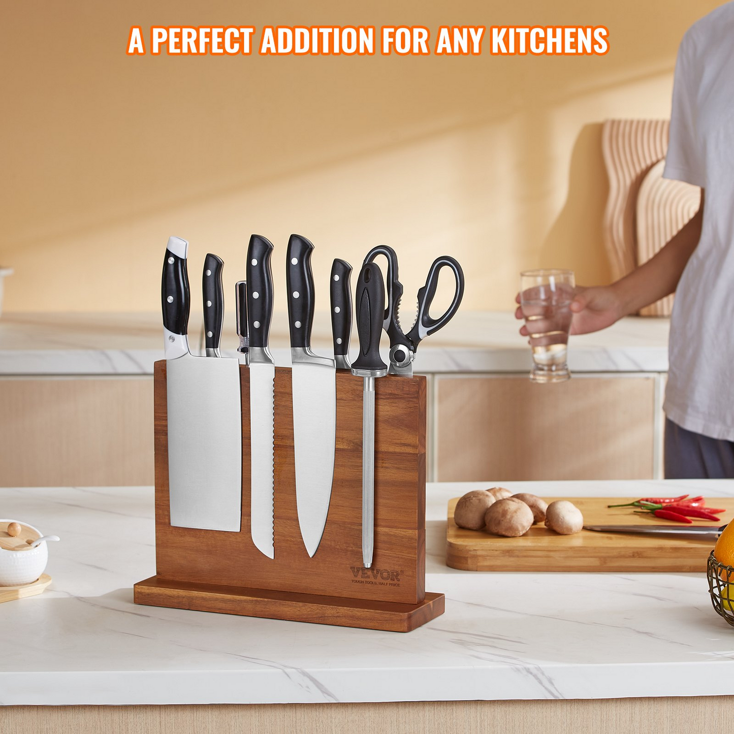 VEVOR Magnetic Knife Block, 12 inch Home Kitchen Knife Holder, Double Sided Magnetic Knife Stand, Multifunctional Storage Acacia Wood Knives Rack, Cutlery Display Organizer for Knives, Utensils, Tools