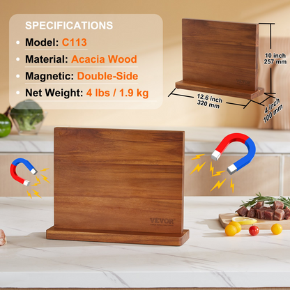 VEVOR Magnetic Knife Block, 12 inch Home Kitchen Knife Holder, Double Sided Magnetic Knife Stand, Multifunctional Storage Acacia Wood Knives Rack, Cutlery Display Organizer for Knives, Utensils, Tools