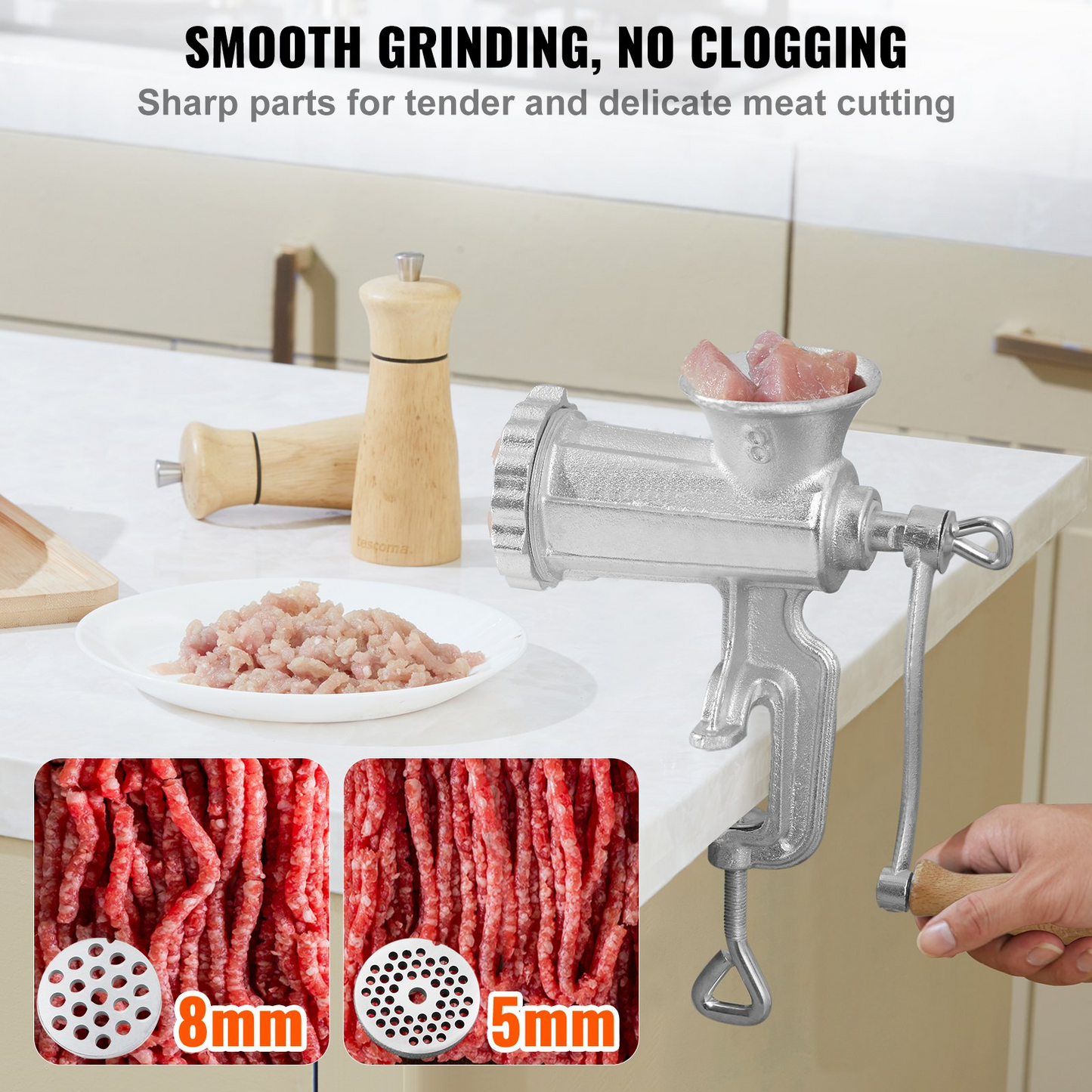 VEVOR Manual Meat Grinder, Heavy Duty Cast Iron Hand Meat Grinder with Steel Table Clamp, Meat Mincer Sausage Maker with 1 Cutting Blade, 2 Cutting Plates, 3 Sausage Tubes for Beef Pepper Mushroom