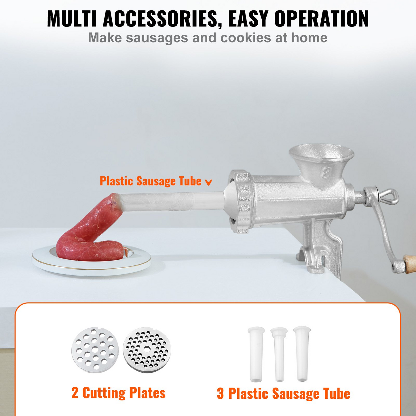 VEVOR Manual Meat Grinder, Heavy Duty Cast Iron Hand Meat Grinder with Steel Table Clamp, Meat Mincer Sausage Maker with 1 Cutting Blade, 2 Cutting Plates, 3 Sausage Tubes for Beef Pepper Mushroom