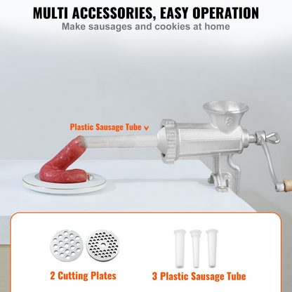 VEVOR Manual Meat Grinder, Heavy Duty Cast Iron Hand Meat Grinder with Steel Table Clamp, Meat Mincer Sausage Maker with 1 Cutting Blade, 2 Cutting Plates, 3 Sausage Tubes for Beef Pepper Mushroom