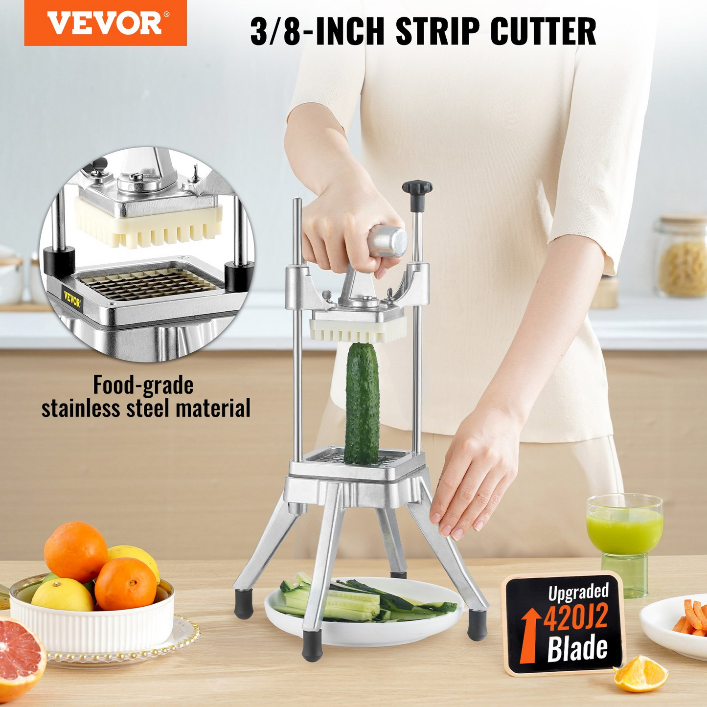 VEVOR Commercial Vegetable Fruit Chopper 3/8″ Blade Heavy Duty Professional Food Dicer Kattex French Fry Cutter Onion Slicer Stainless Steel for Tomato Peppers Potato Mushroom, Sliver