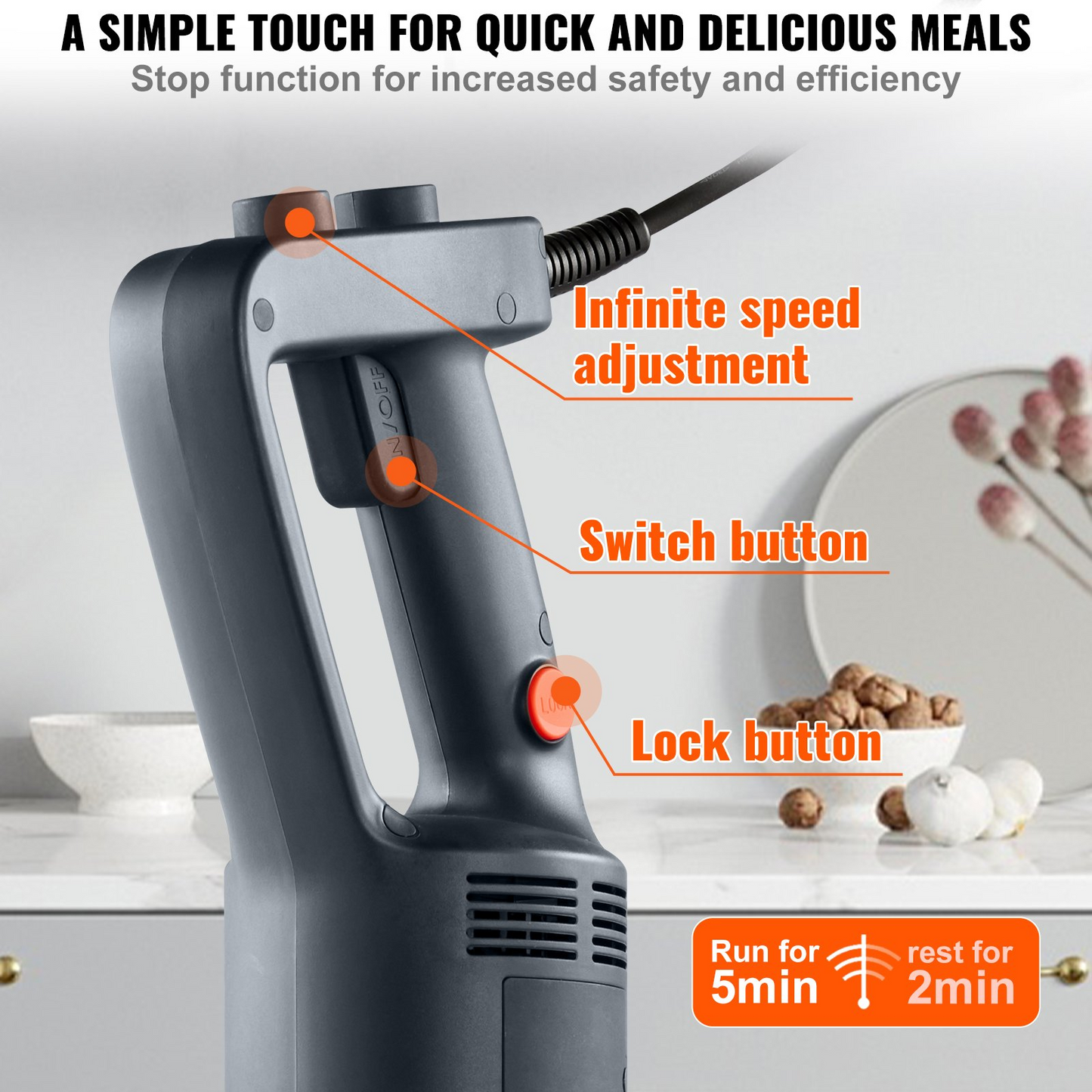 VEVOR Commercial Immersion Blender, 500 Watt Heavy Duty Hand Mixer, Variable Speed Kitchen Stick Mixer with 304 Stainless Steel Blade, Multi-Purpose Portable Mixer for Soup, Smoothie, Puree, Baby Food