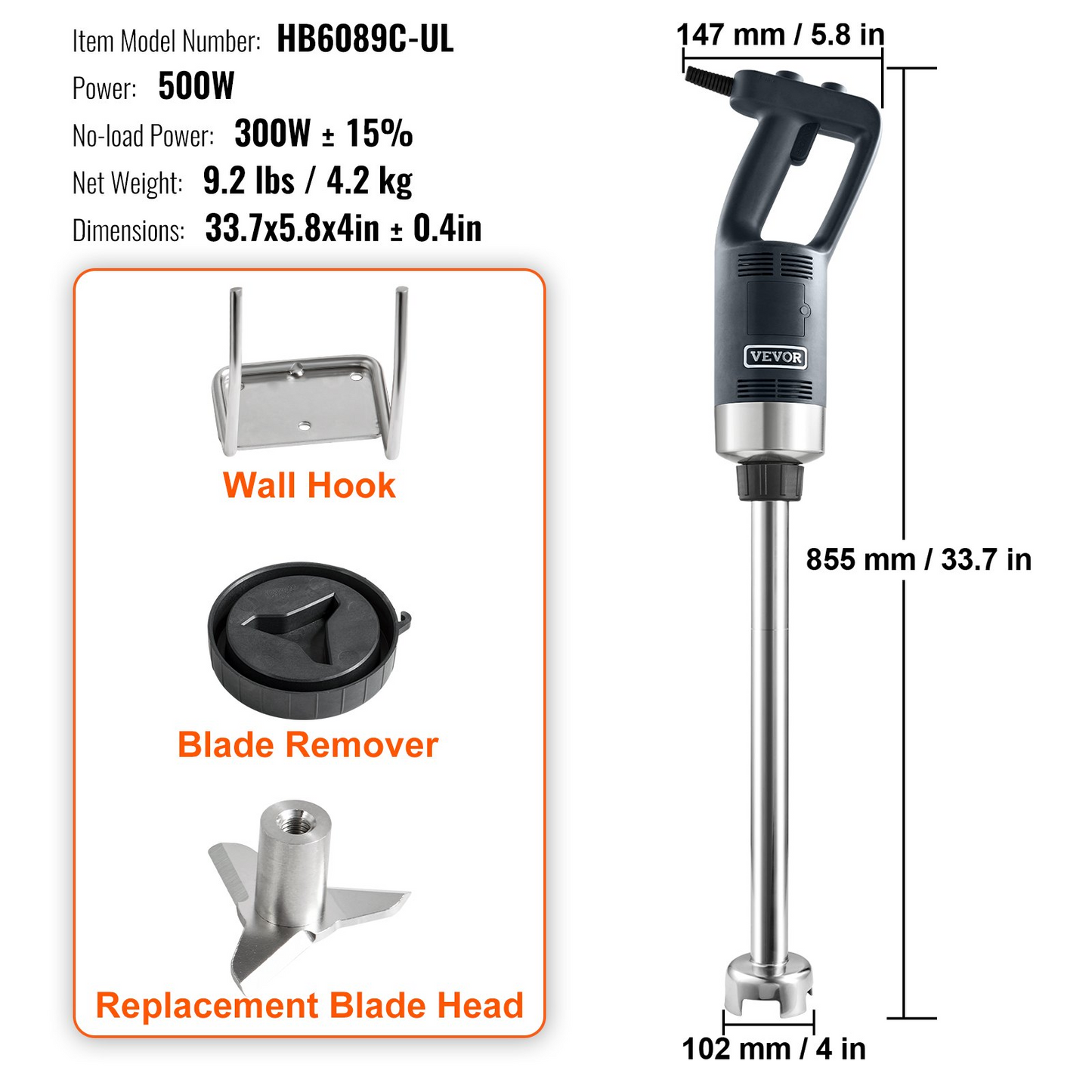 VEVOR Commercial Immersion Blender, 500 Watt Heavy Duty Hand Mixer, Variable Speed Kitchen Stick Mixer with 304 Stainless Steel Blade, Multi-Purpose Portable Mixer for Soup, Smoothie, Puree, Baby Food