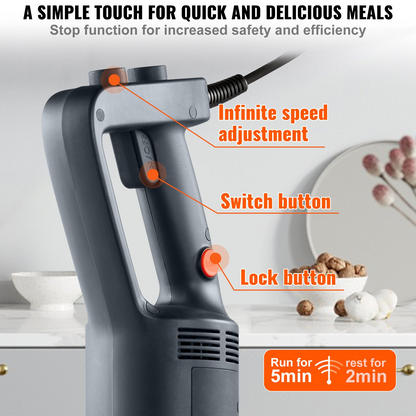 VEVOR Commercial Immersion Blender, 500 Watt Heavy Duty Hand Mixer, Variable Speed Kitchen Stick Mixer with 304 Stainless Steel Blade, Multi-Purpose Portable Mixer for Soup, Smoothie, Puree, Baby Food