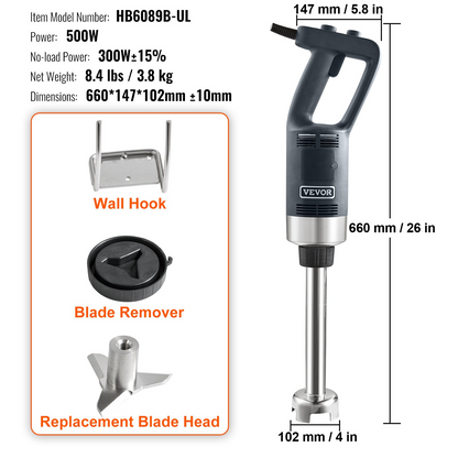 VEVOR Commercial Immersion Blender, 500 Watt Heavy Duty Hand Mixer, Variable Speed Kitchen Stick Mixer with 304 Stainless Steel Blade, Multi-Purpose Portable Mixer for Soup, Smoothie, Puree, Baby Food