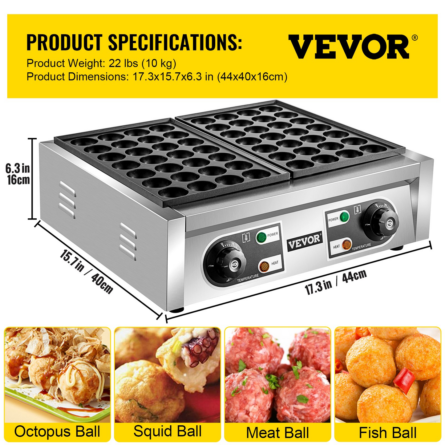 VEVOR Commercial Takoyaki Maker, 56PCs Japanese Octopus Fish Ball Machine, 2kW Heating Takoyaki Grill Maker, Octopus Meatball Machine w/ 2 Non-Stick Plates, Fish Ball Maker w/ Independent Temp Control