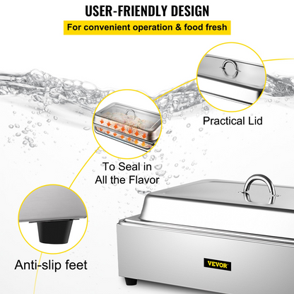 VEVOR Commercial Food Warmer, Full-Size 1 Pot Steam Table with Lid, 9.5 Quart Electric Soup Warmers, Grade Stainless Steel Bain Marie Buffet Equipment, Fits 21 x 13.2 Pan, 400W, for Restaurant, Sliver