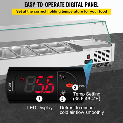 VEVOR Refrigerated Condiment Prep Station, 48-Inch, 10.8Qt Sandwich Prep Table w/ 2 1/3 Pans & 4 1/6 Pans, 146W Salad Bar w/ 304 Stainless Body Tempered Glass Shield Digital Temp Display Auto Defrost