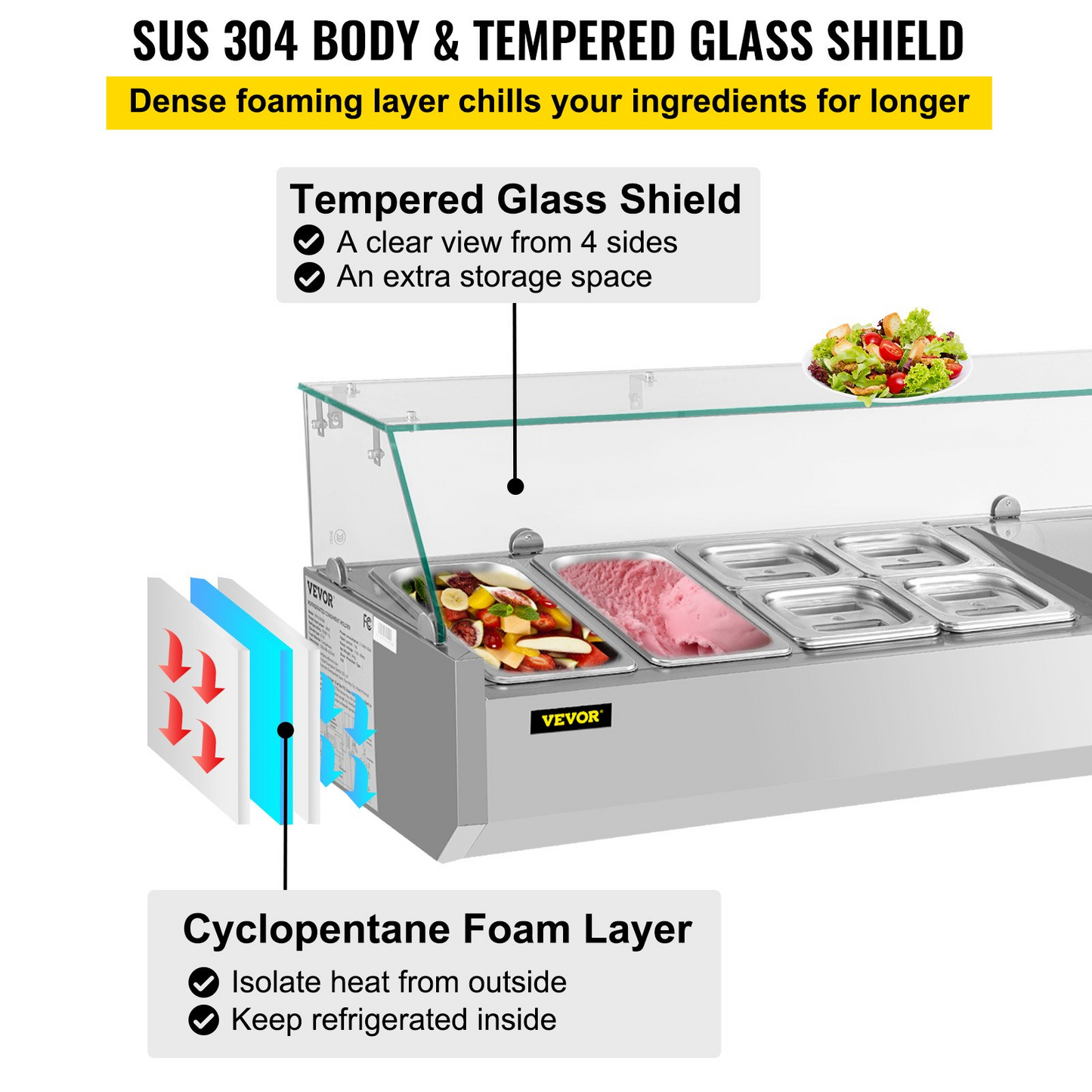 VEVOR Refrigerated Condiment Prep Station, 48-Inch, 10.8Qt Sandwich Prep Table w/ 2 1/3 Pans & 4 1/6 Pans, 146W Salad Bar w/ 304 Stainless Body Tempered Glass Shield Digital Temp Display Auto Defrost