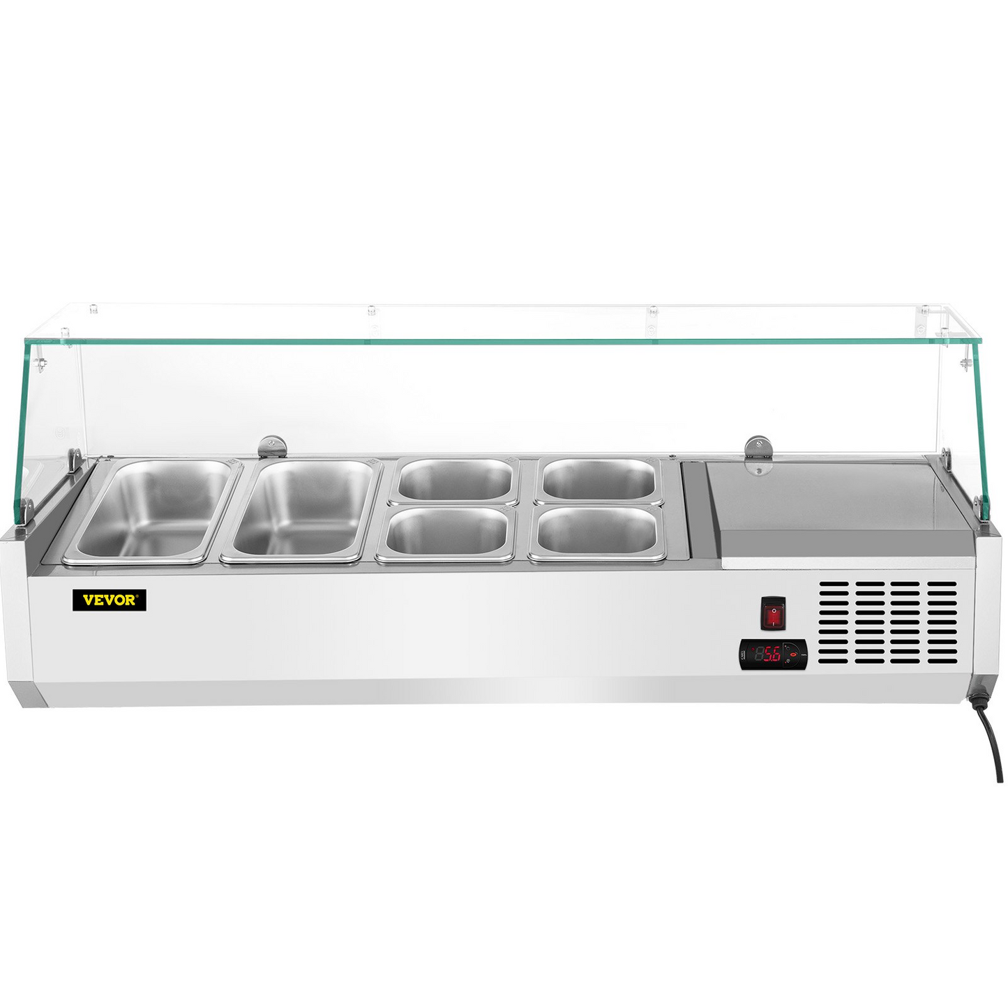 VEVOR Refrigerated Condiment Prep Station, 48-Inch, 10.8Qt Sandwich Prep Table w/ 2 1/3 Pans & 4 1/6 Pans, 146W Salad Bar w/ 304 Stainless Body Tempered Glass Shield Digital Temp Display Auto Defrost