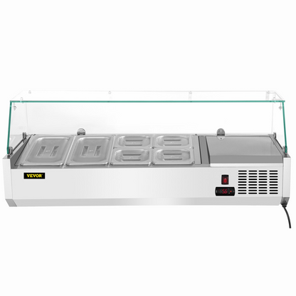 VEVOR Refrigerated Condiment Prep Station, 48-Inch, 10.8Qt Sandwich Prep Table w/ 2 1/3 Pans & 4 1/6 Pans, 146W Salad Bar w/ 304 Stainless Body Tempered Glass Shield Digital Temp Display Auto Defrost