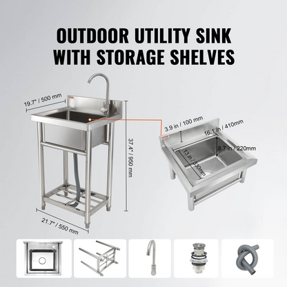 VEVOR Stainless Steel Utility Sink, 1 Compartment Free Standing Small Sink Include Faucet & legs, 16 x 13 x 8.7 in Commercial Single Bowl Sinks for Garage, Restaurant, Kitchen, Laundry, NSF Certified