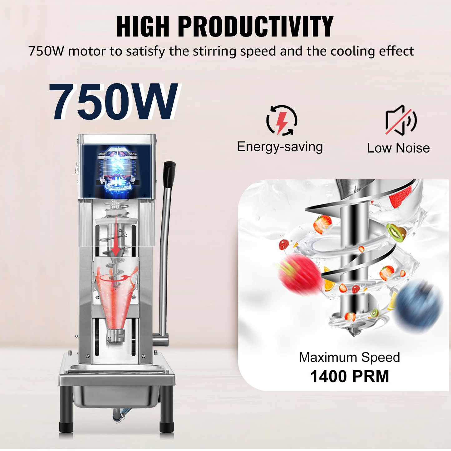 VEVOR 110V Frozen Yogurt Blending Machine 750W, Yogurt Milkshake Ice Cream Mixing Machine 304 Stainless Steel Construction, Professional Commercial Kitchen Equipment