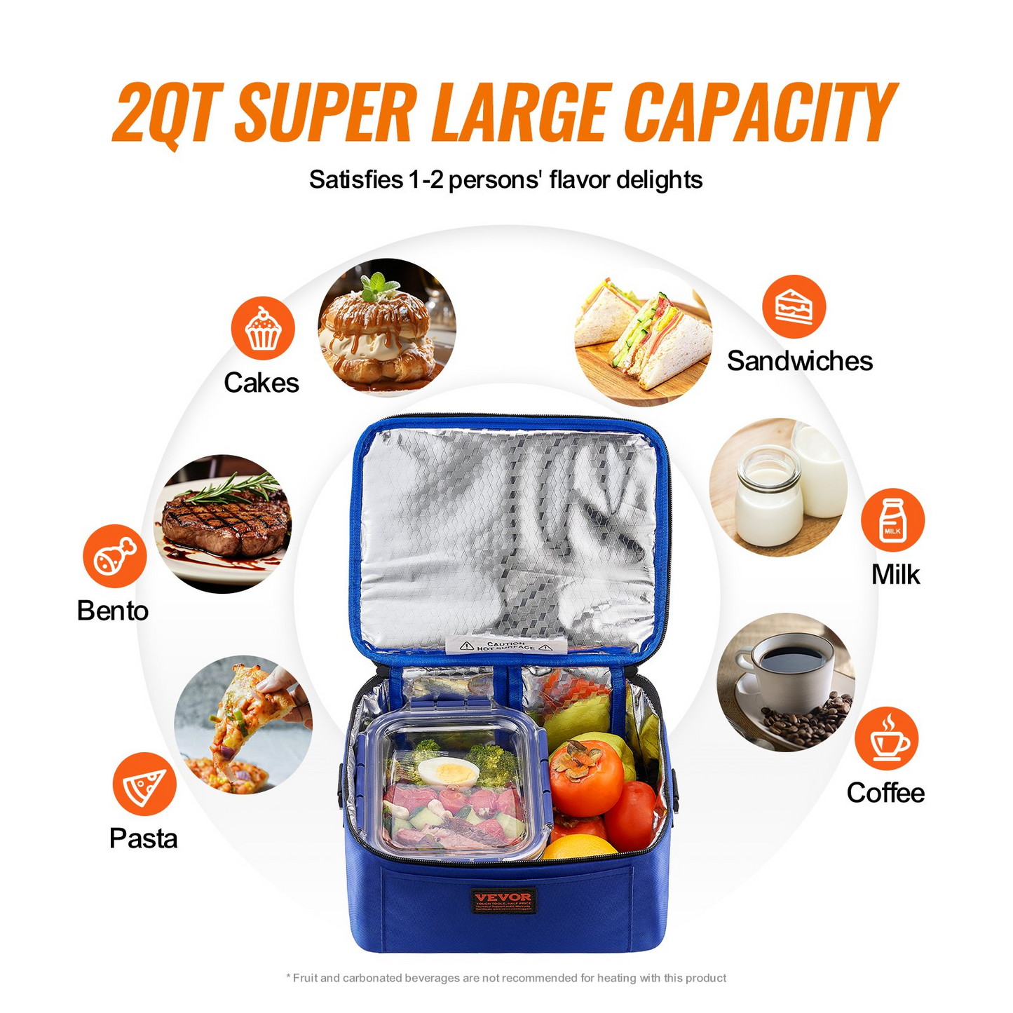 VEVOR Portable Oven, 110V Home/Office Food Warmer, 80W (Max 100W) Portable Mini Personal Microwave, 2QT Electric Heated Lunch Box, Compatible with Glass, Ceramic, Foil Container (Blue)