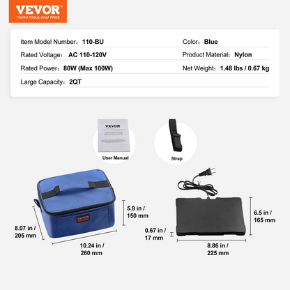 VEVOR Portable Oven, 110V Home/Office Food Warmer, 80W (Max 100W) Portable Mini Personal Microwave, 2QT Electric Heated Lunch Box, Compatible with Glass, Ceramic, Foil Container (Blue)