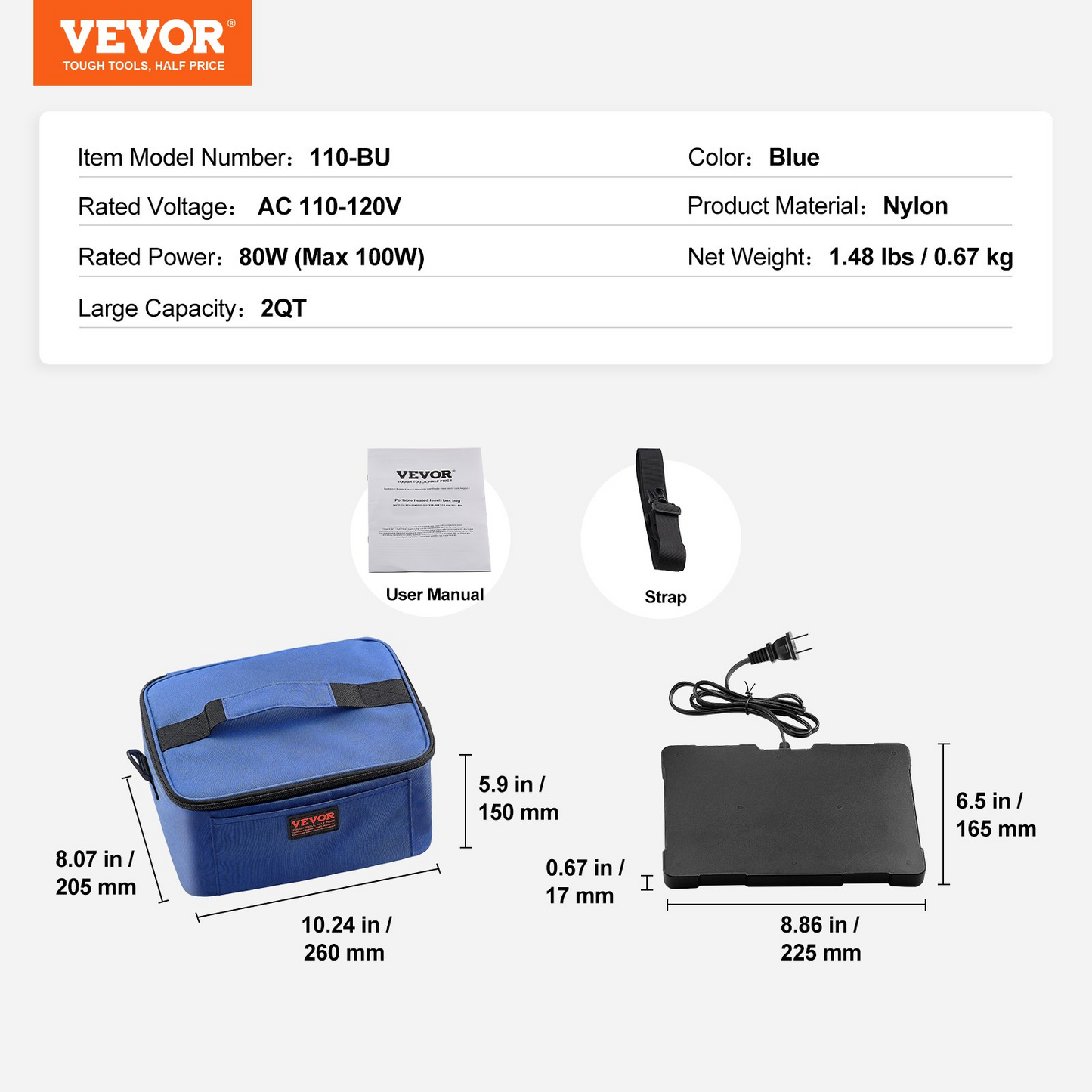 VEVOR Portable Oven, 110V Home/Office Food Warmer, 80W (Max 100W) Portable Mini Personal Microwave, 2QT Electric Heated Lunch Box, Compatible with Glass, Ceramic, Foil Container (Blue)